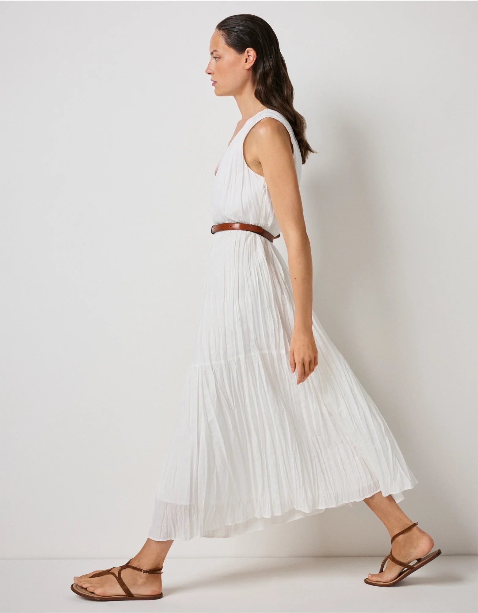 Linen Rich Crinkle Midi Dress - white