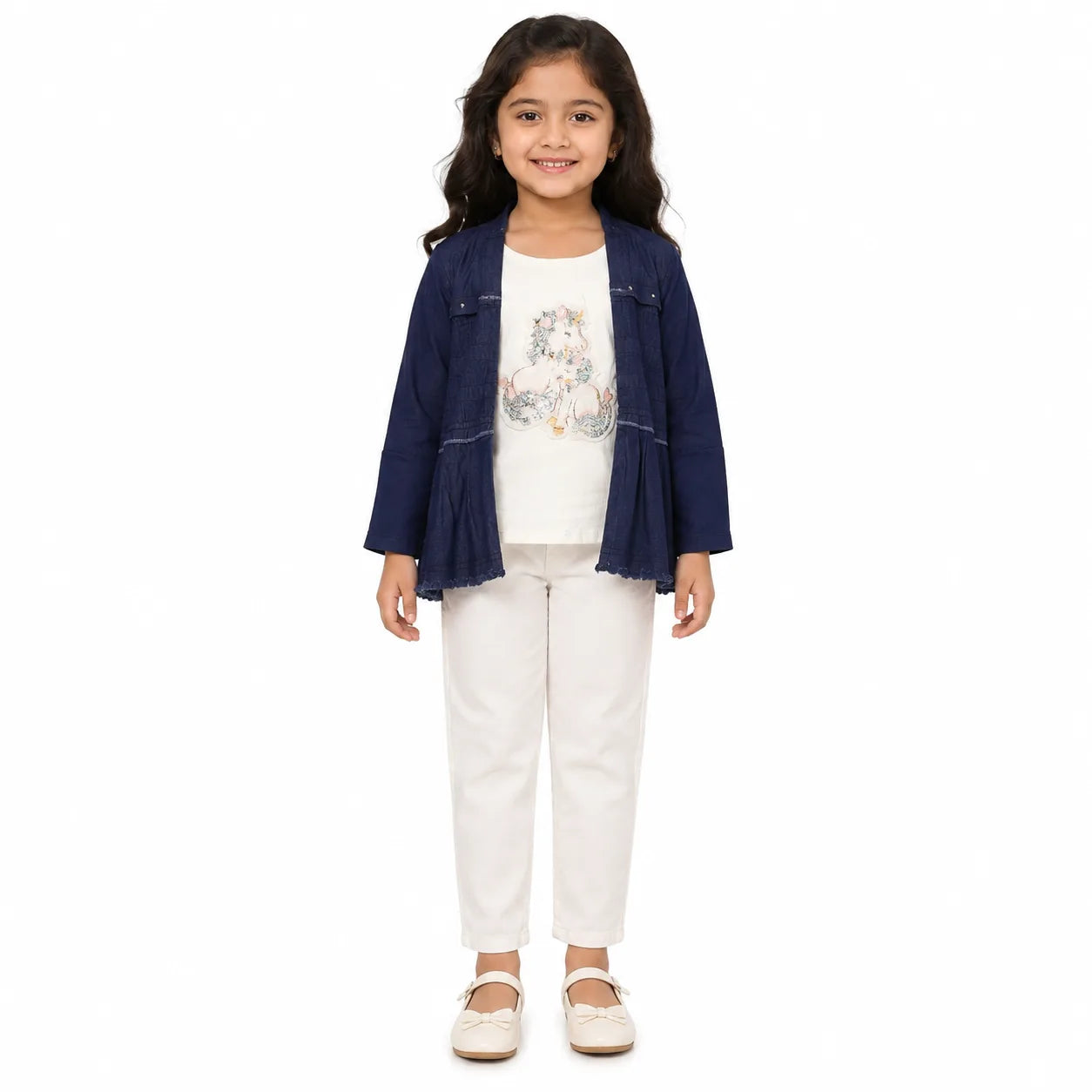 A young girl modeling a three-piece outfit consisting of a navy blue open-front jacket, a white t-shirt with a colorful floral graphic, and white pants, set against a plain white background.