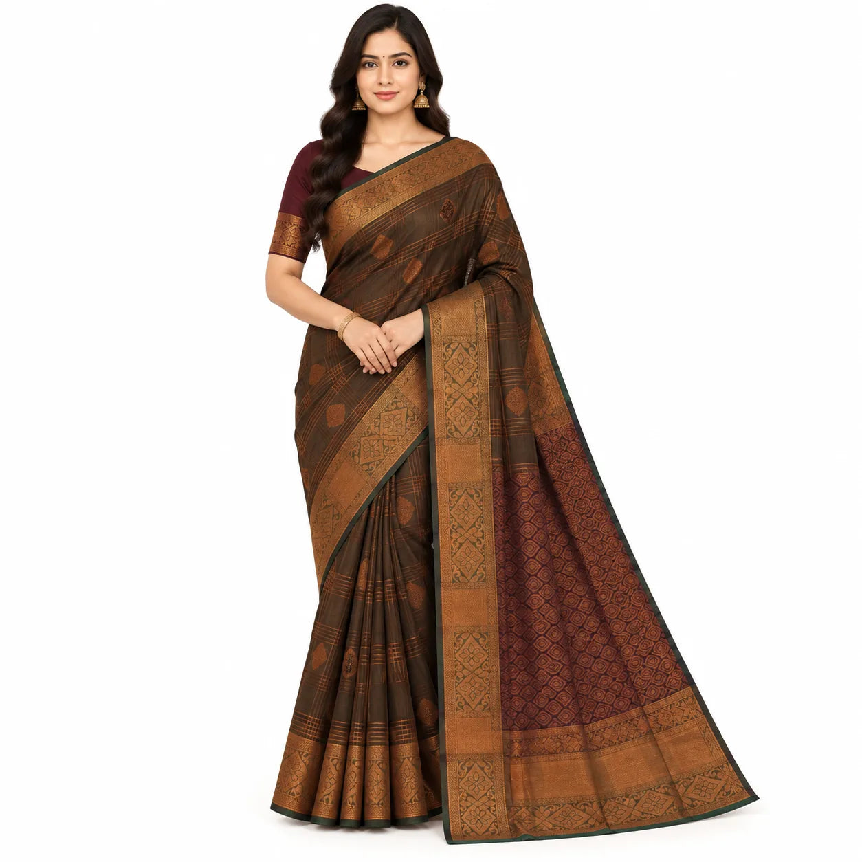 A woman modeling a dark brown and rust red patterned silk saree with a matching blouse, set against a plain white background.
