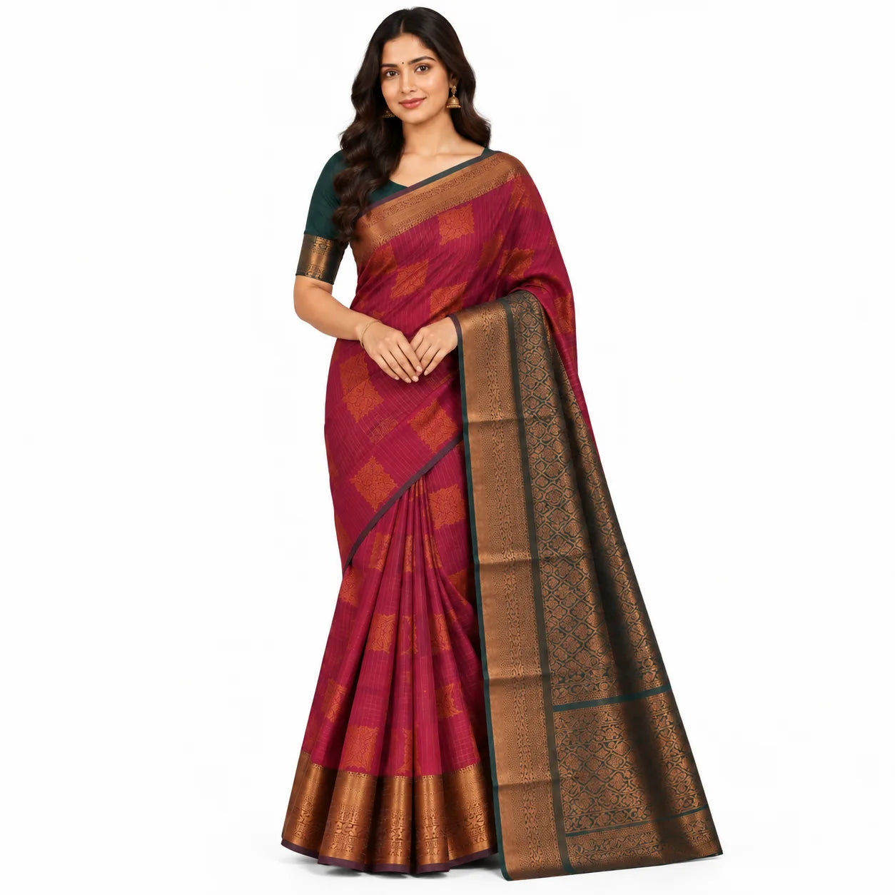 A woman modeling a traditional Indian saree with a deep magenta body, gold zari woven patterns, a dark green blouse, and a wide gold and black border, set against a plain white background.