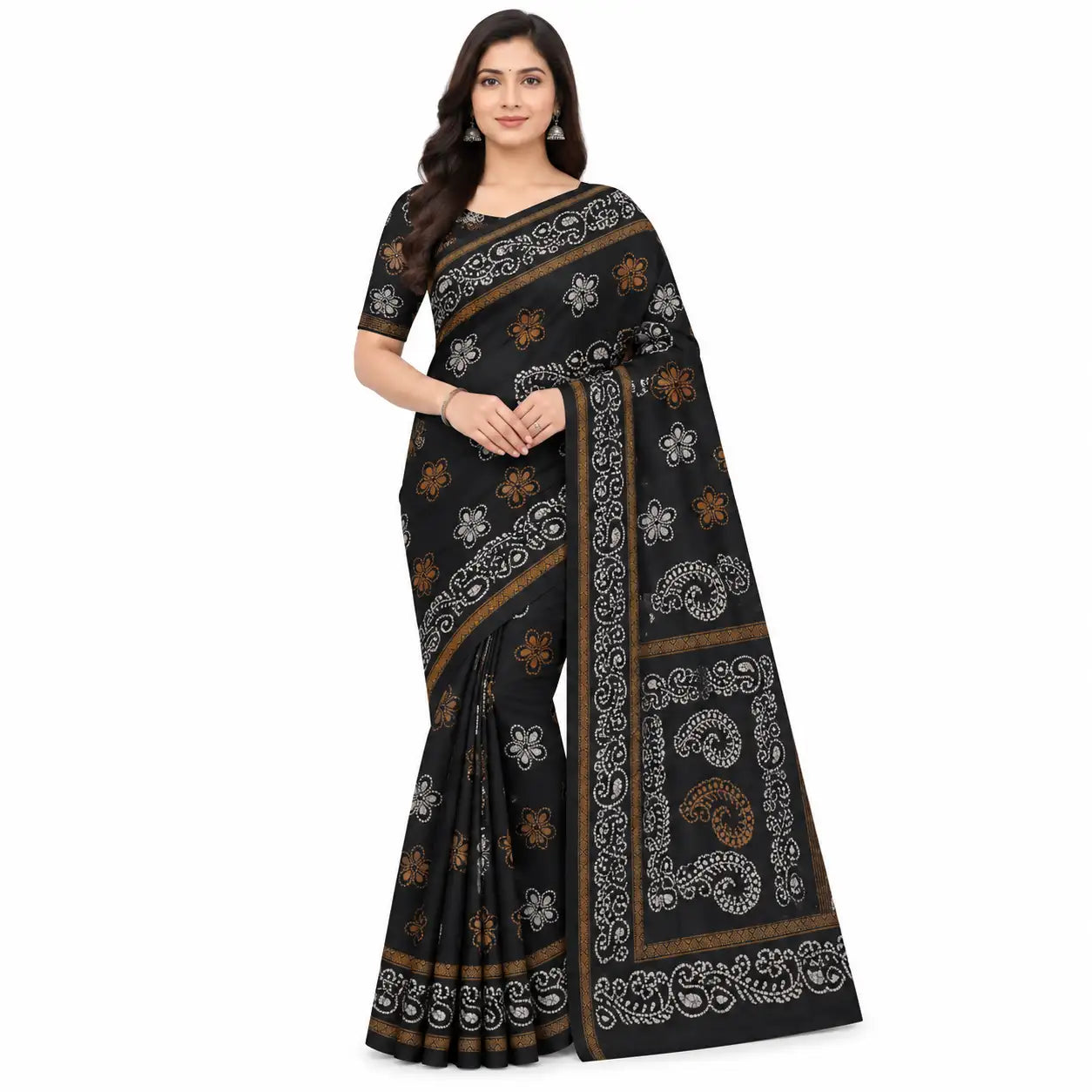 A woman modeling a black saree with white and brown traditional bandhani-style prints, set against a plain white background.