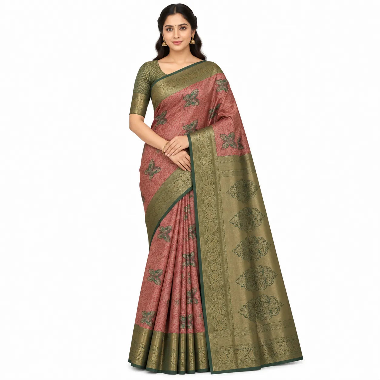 A woman modeling a traditional Indian saree with a dusty rose pink body, olive green borders, and intricate metallic gold zari patterns. The blouse is olive green with short sleeves and gold embroidery.