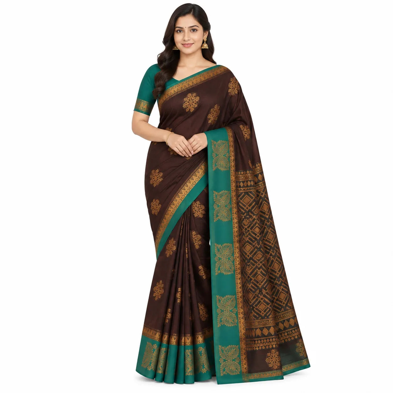 A woman modeling a dark brown and teal green saree with intricate gold woven patterns, set against a plain white background.