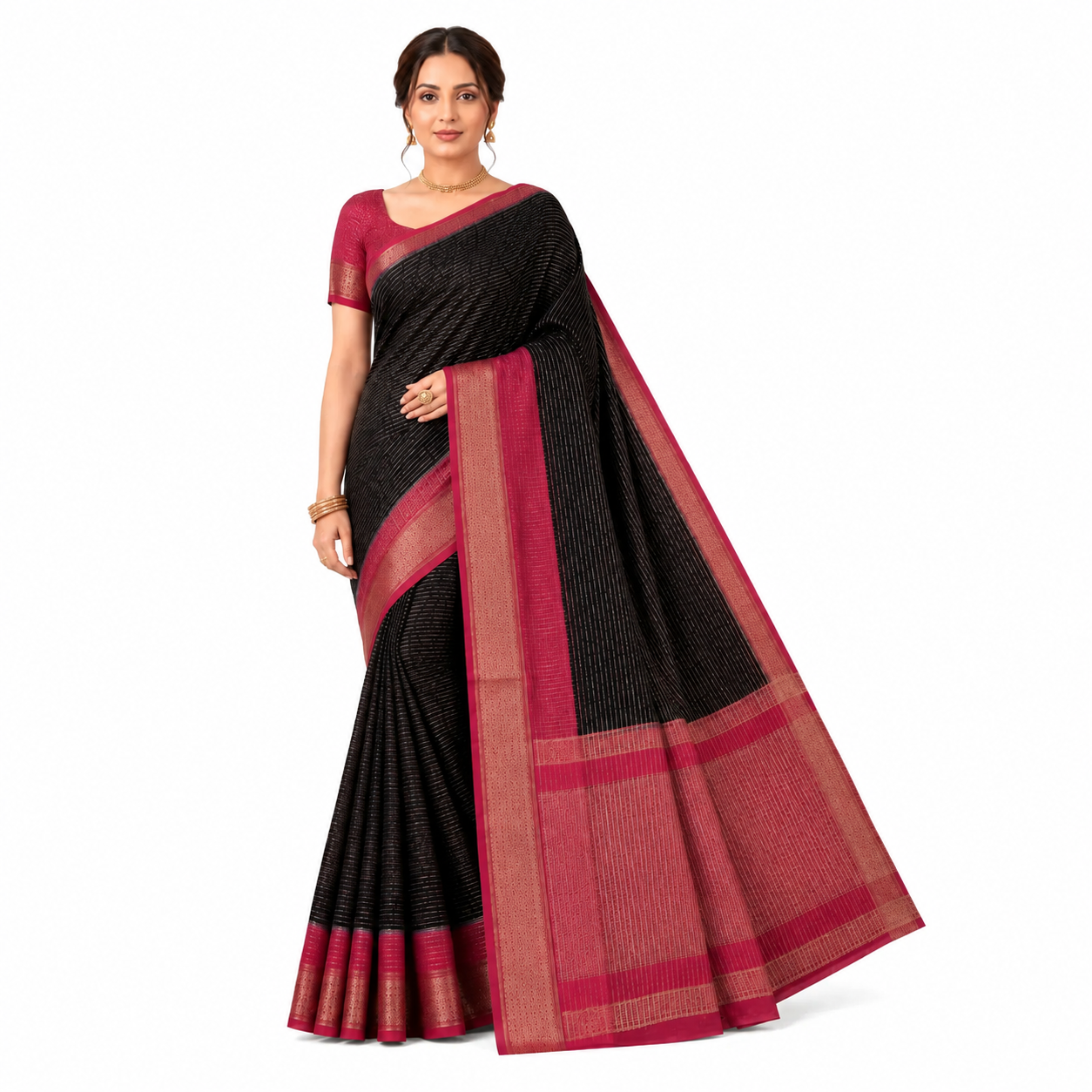 A woman modeling a black and deep pink saree with a matching pink blouse against a plain white background.
