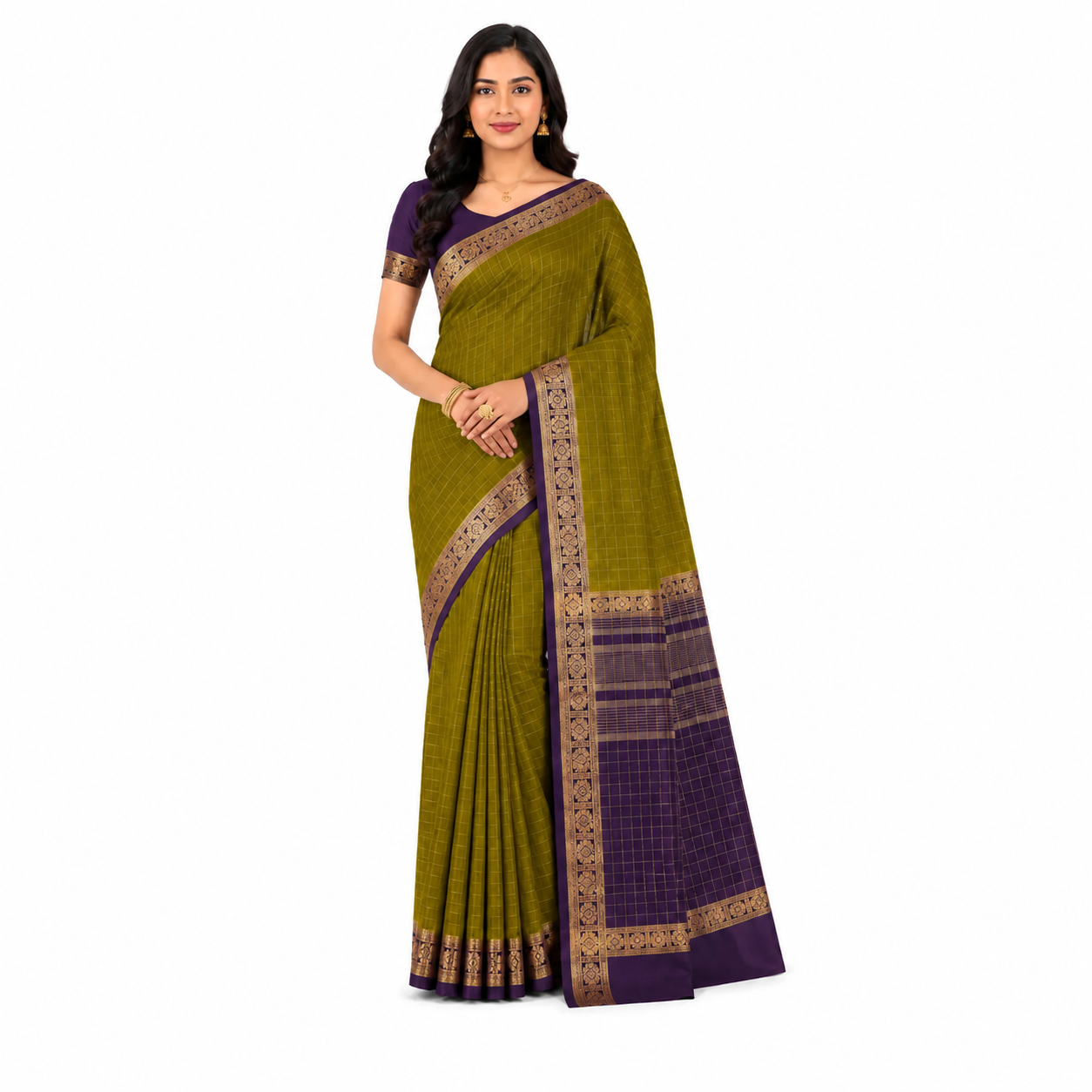 A woman modeling a traditional Indian saree with an olive green body, a deep purple border and pallu, and gold zari woven patterns, paired with a matching purple blouse.