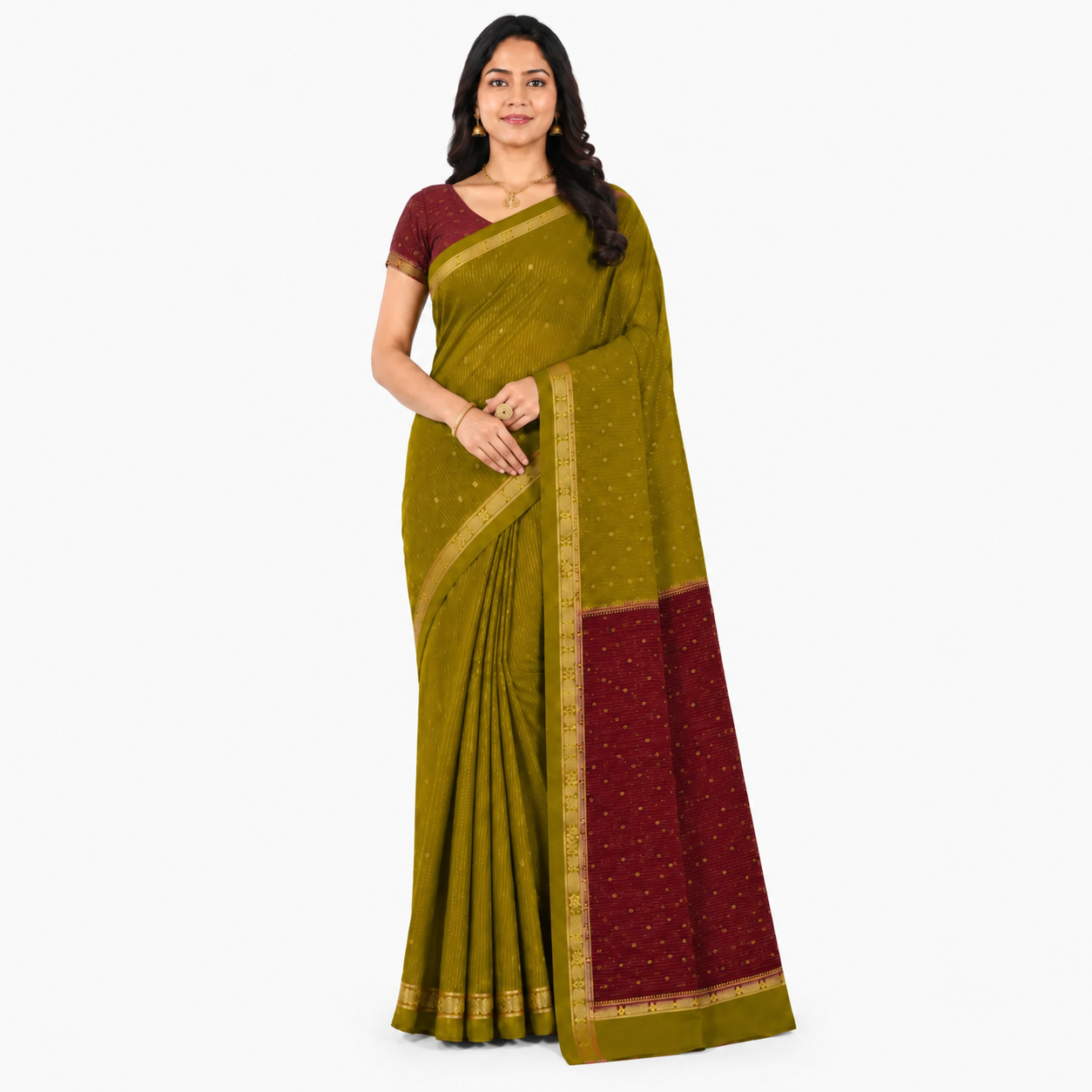 A woman modeling a traditional Indian saree in olive green and deep maroon with gold borders, set against a plain white background.