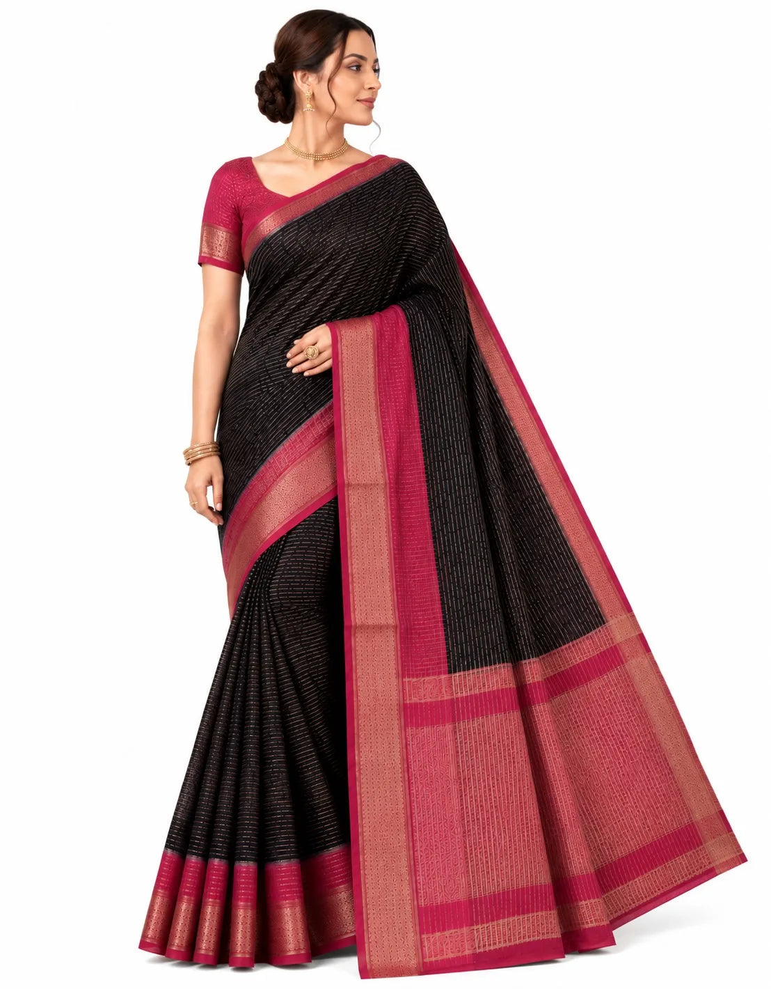 A woman modeling a black and magenta saree with a matching magenta blouse against a plain white background.