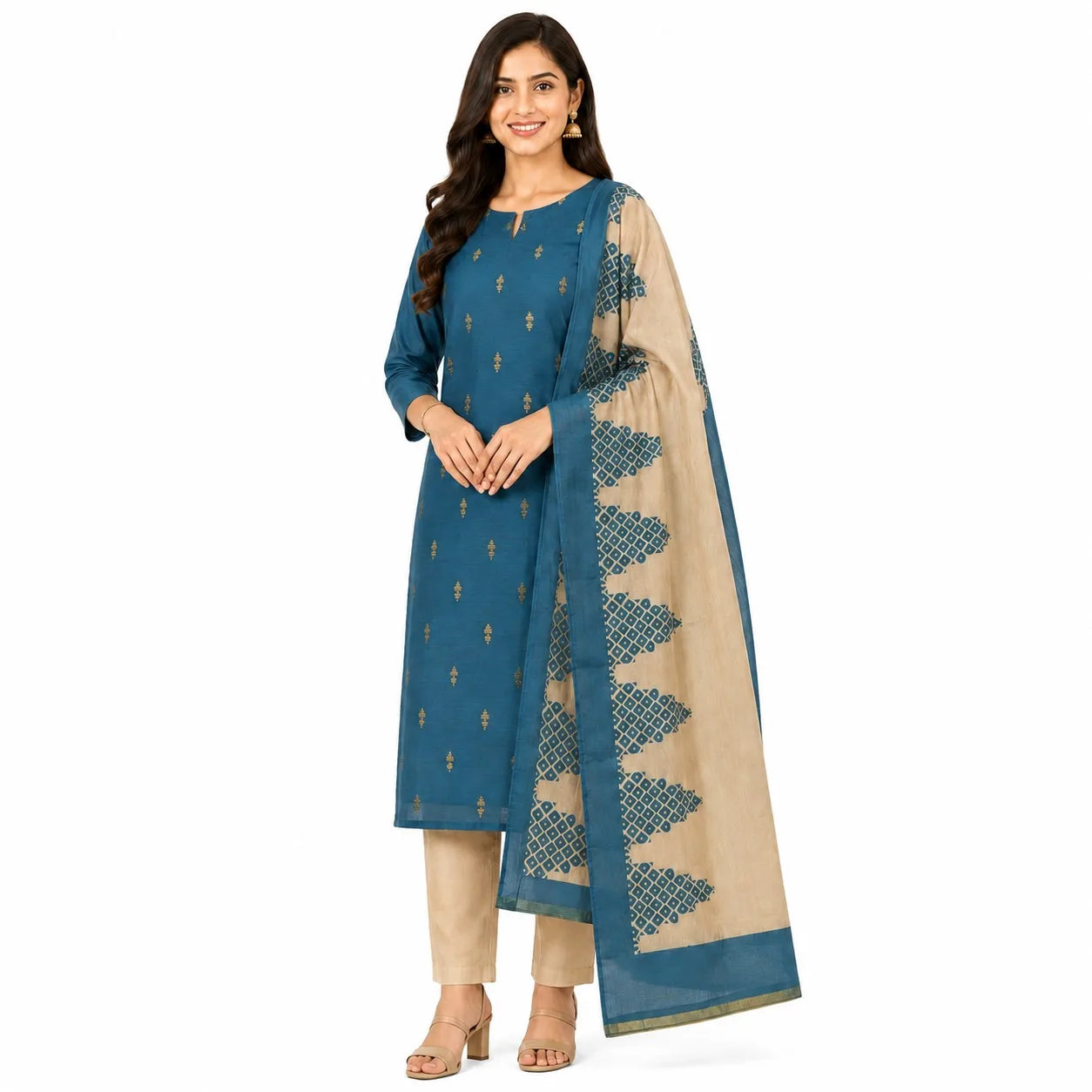 A woman modeling a traditional Indian salwar kameez suit set. The set features a teal blue kurta with small gold motifs, beige trousers, and a beige dupatta with a teal border and geometric print.