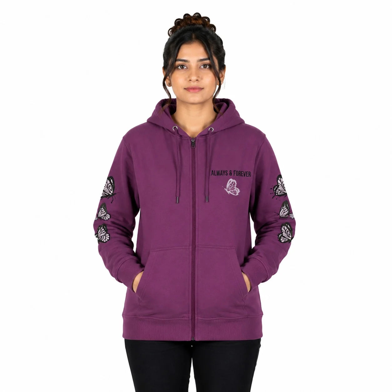 A woman wearing a purple full-zip hoodie with butterfly sleeve graphics and 'ALWAYS & FOREVER' text on the chest, shown against a plain white background.
