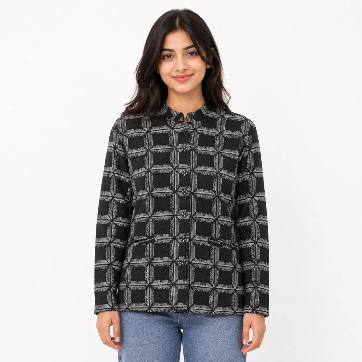 A woman modeling a black and gray patterned long-sleeve jacket with a mandarin collar, photographed against a plain white background.