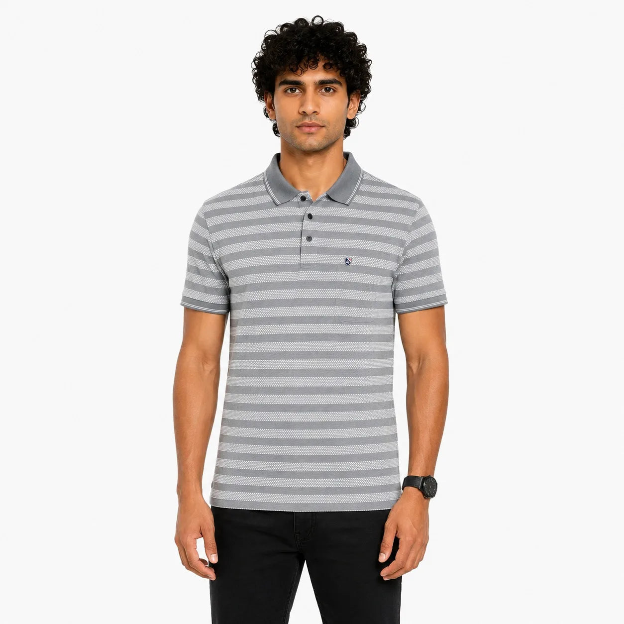 A man wearing a short-sleeve polo shirt with horizontal gray and white stripes, featuring a small embroidered logo on the chest, set against a plain light gray background.
