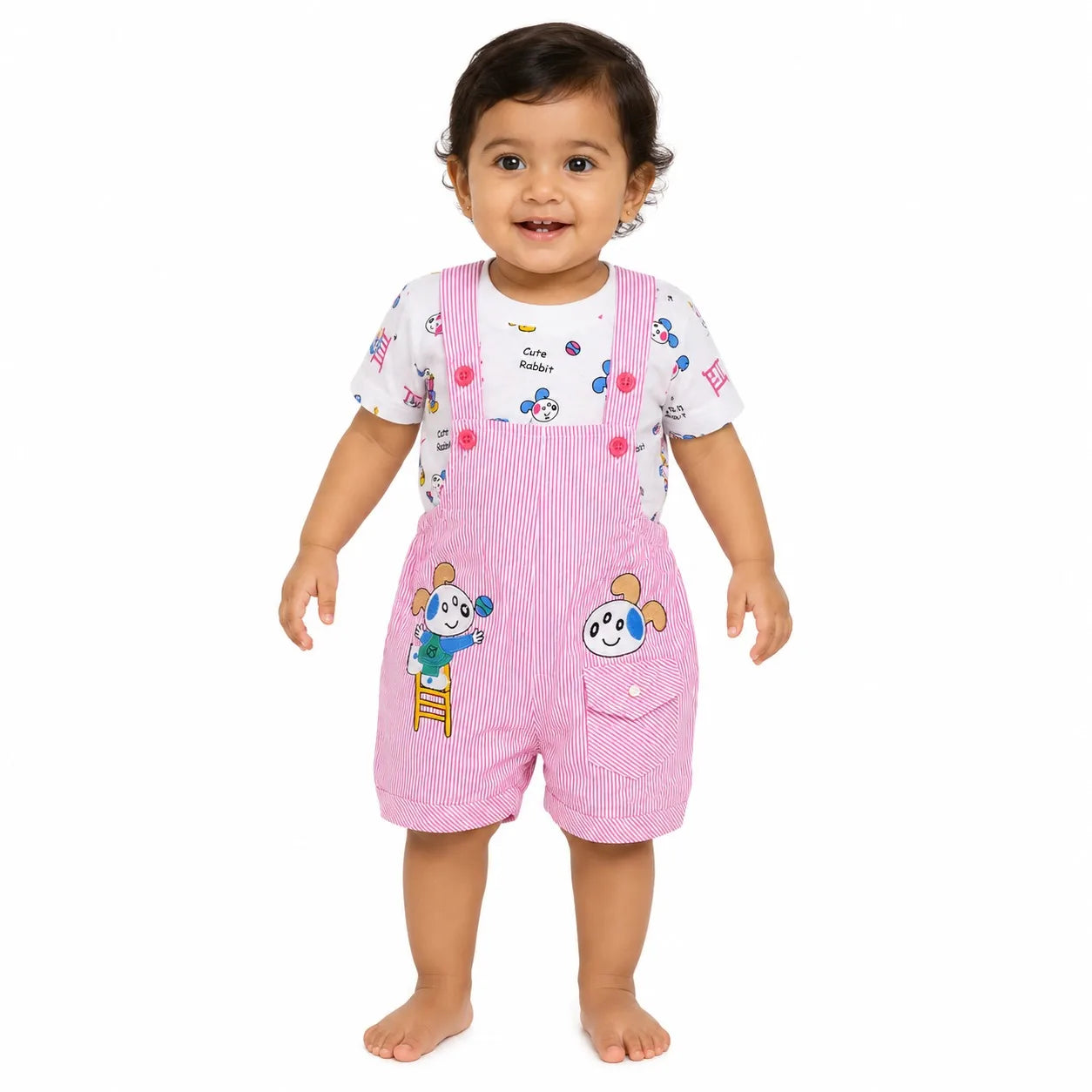A baby girl wearing a pink and white striped overall romper with cartoon animal prints, paired with a white short-sleeve t-shirt, standing against a plain white background.