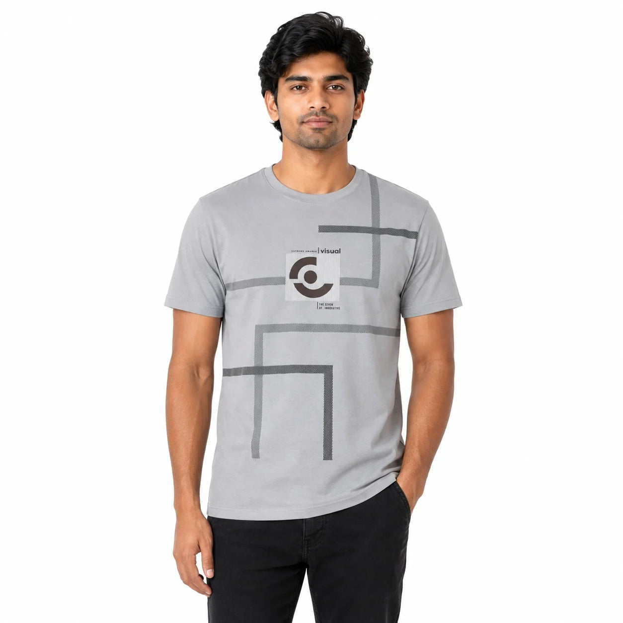 A man modeling a light gray crewneck t-shirt with a dark gray geometric line pattern and a square graphic logo on the chest. The shirt features the text 'Cruel Intent' and 'The 3000'.