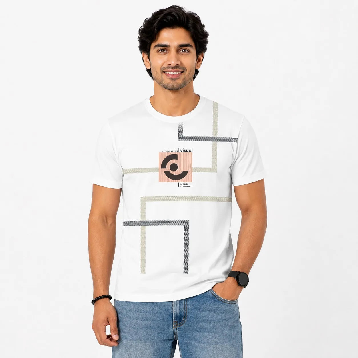 A man wearing a white short-sleeve t-shirt with a minimalist geometric graphic print in gray and beige, paired with blue jeans, standing against a plain white background.