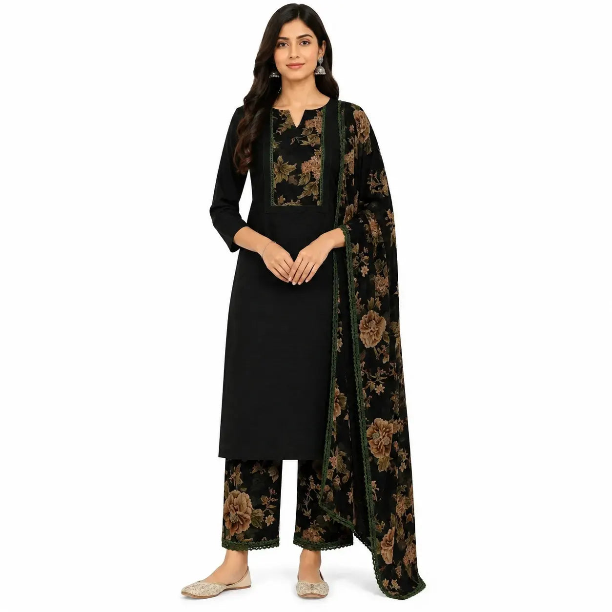 A woman modeling a black three-piece traditional outfit with floral embroidery, featuring a straight kurta, matching pants, and a draped dupatta, set against a plain white background.
