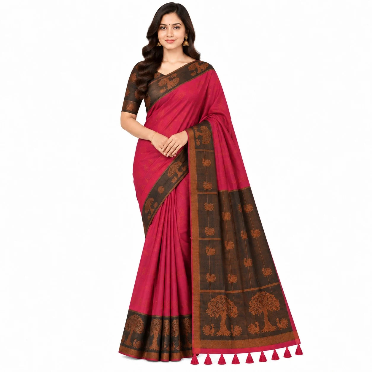 A woman modeling a magenta pink and brown silk saree with traditional motifs on the border and pallu, set against a plain white background.