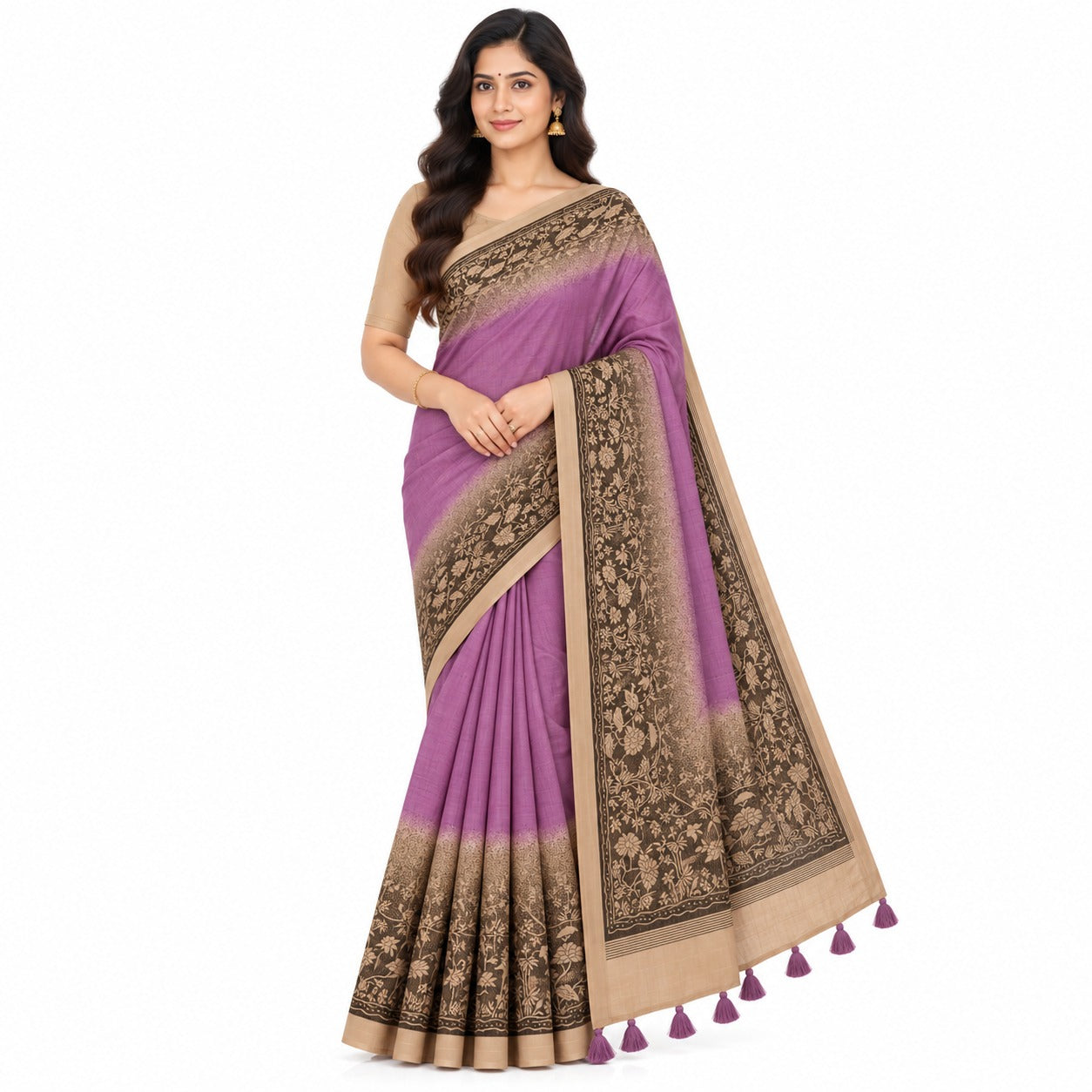A woman modeling a purple and beige saree with intricate gold floral patterns on the border and pallu, paired with a beige blouse, set against a plain white background.