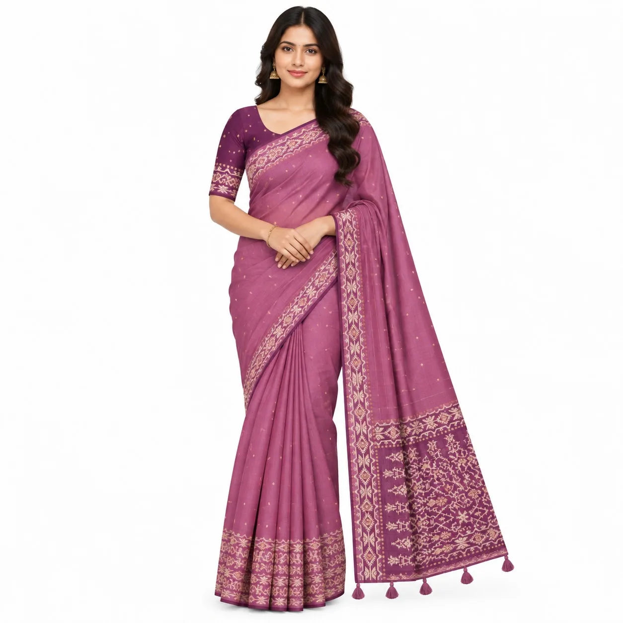 A woman modeling a lavender purple saree with intricate gold and beige floral patterns on the border and pallu, paired with a matching purple blouse, set against a plain white background.
