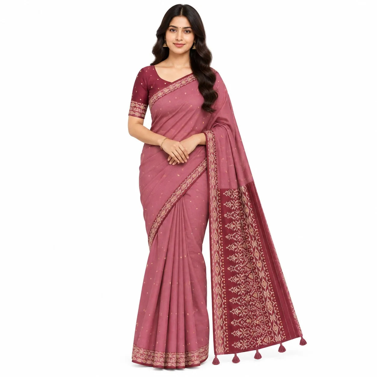 A woman modeling a dusty rose pink saree with gold zari embroidery and a matching embroidered blouse, set against a plain white background.