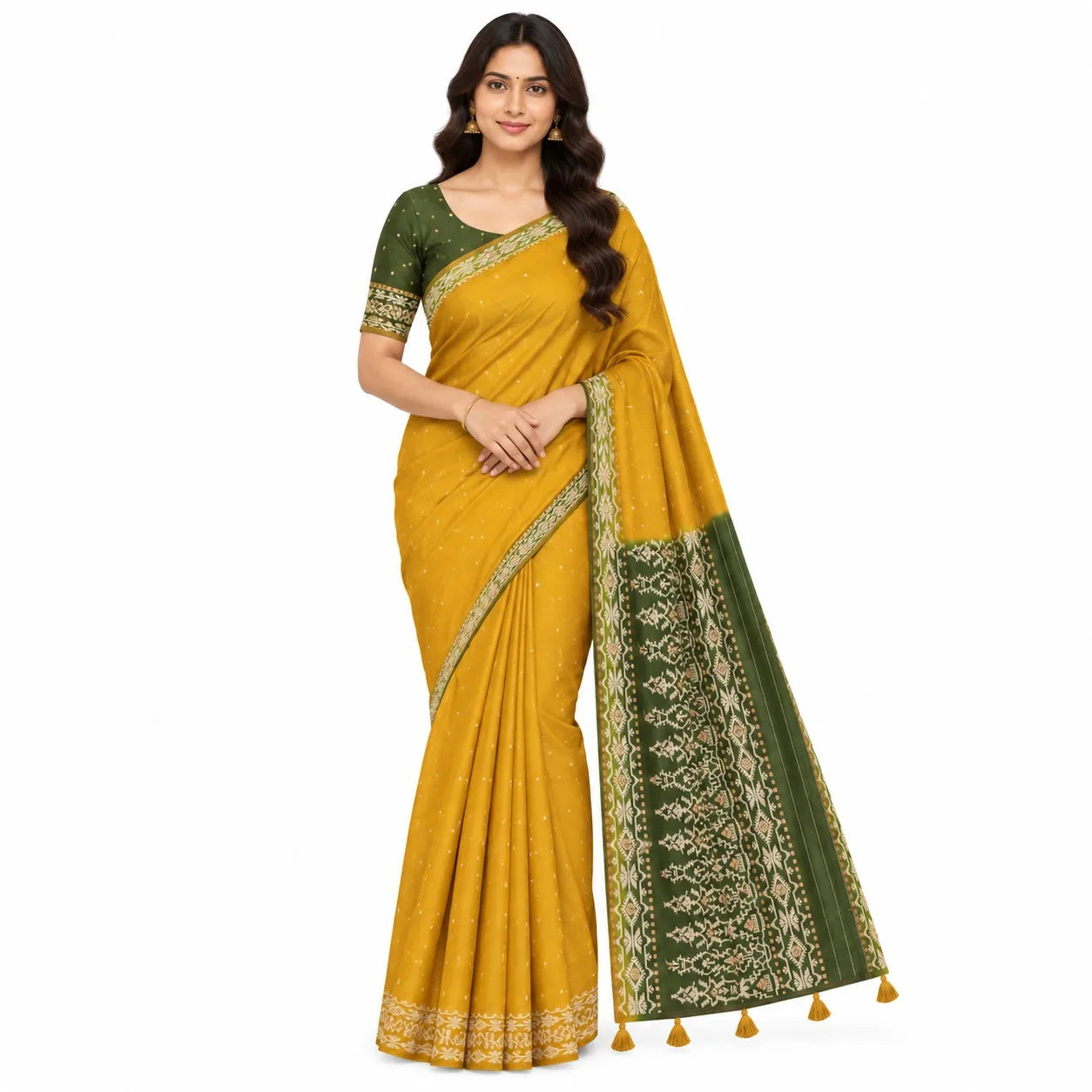 A woman modeling a mustard yellow and dark green saree with intricate gold and green border patterns, set against a plain white background.