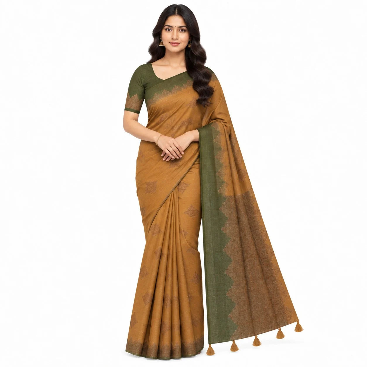 A woman modeling a traditional Indian saree with a mustard brown body, an olive green border, and a matching olive green short-sleeve blouse, set against a plain white background.