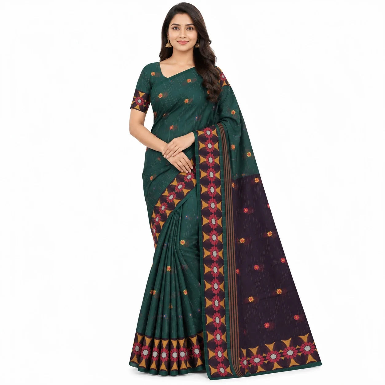 A woman modeling a dark green and purple saree with intricate geometric and floral patterns, set against a plain white background.
